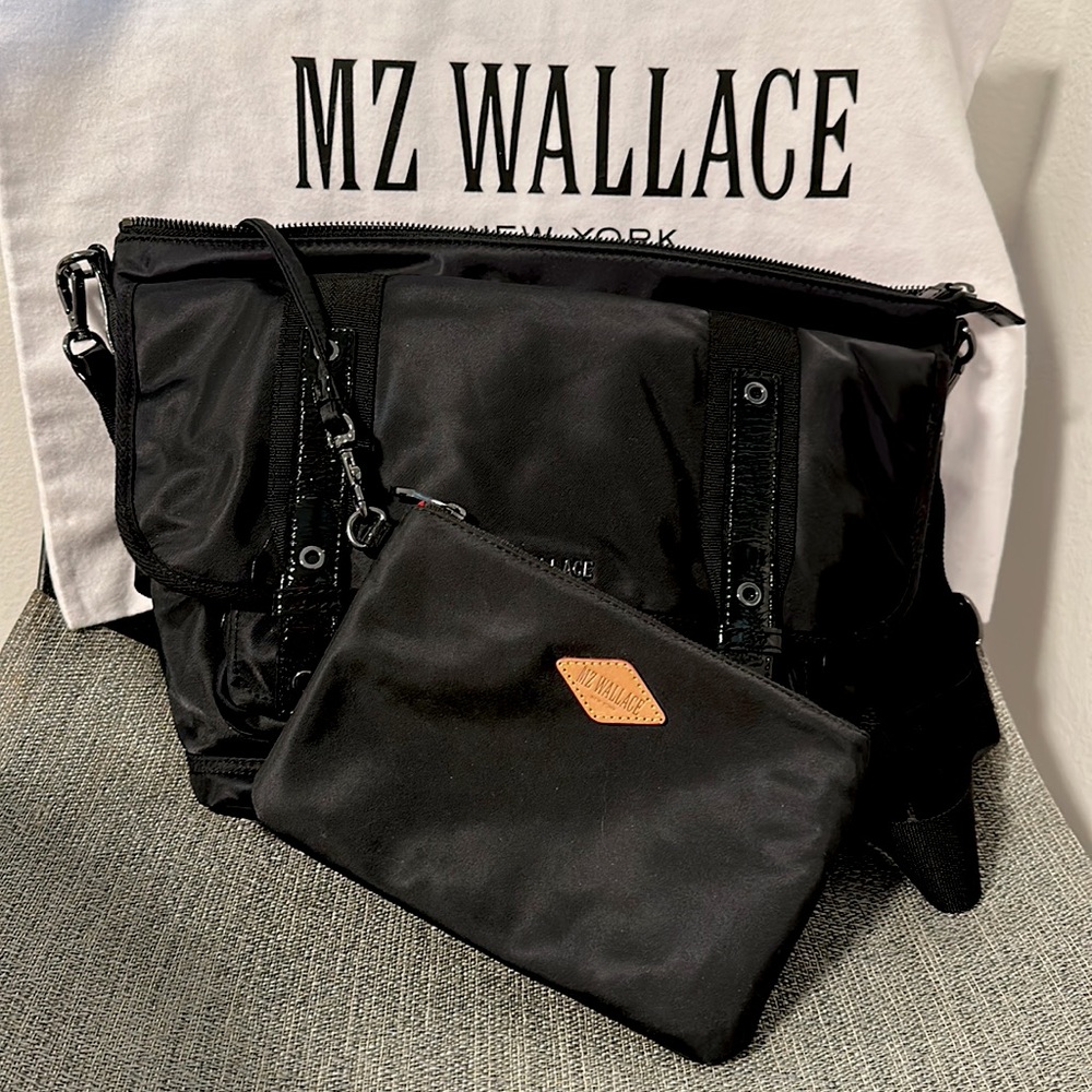 MZ WALLACE Small Fulton Messenger Bag Black with Red Interior
